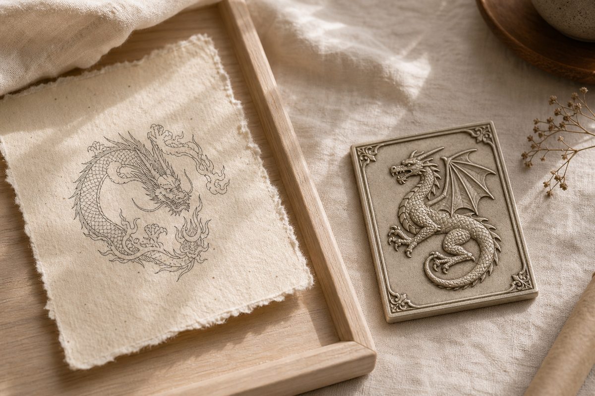 Eastern serpentine loong ink pattern beside a small western-style winged dragon metal charm