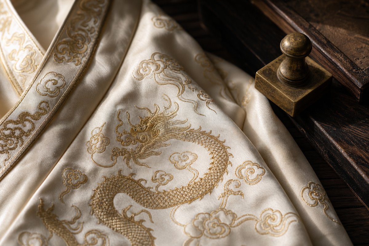 Golden Eastern loong motif embroidered on muted ivory silk beside an aged brass seal