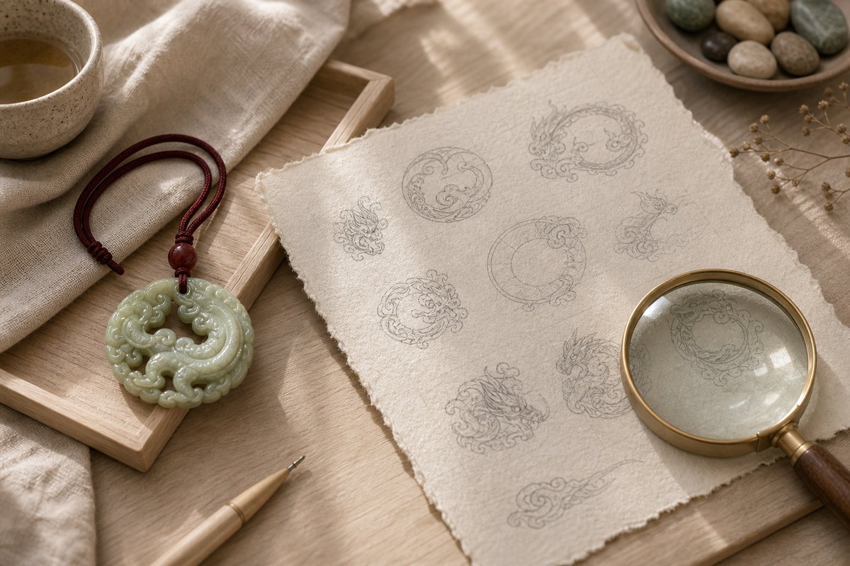 Loong motif pendant, blank sketch sheet, and magnifying glass arranged on linen and pale wood