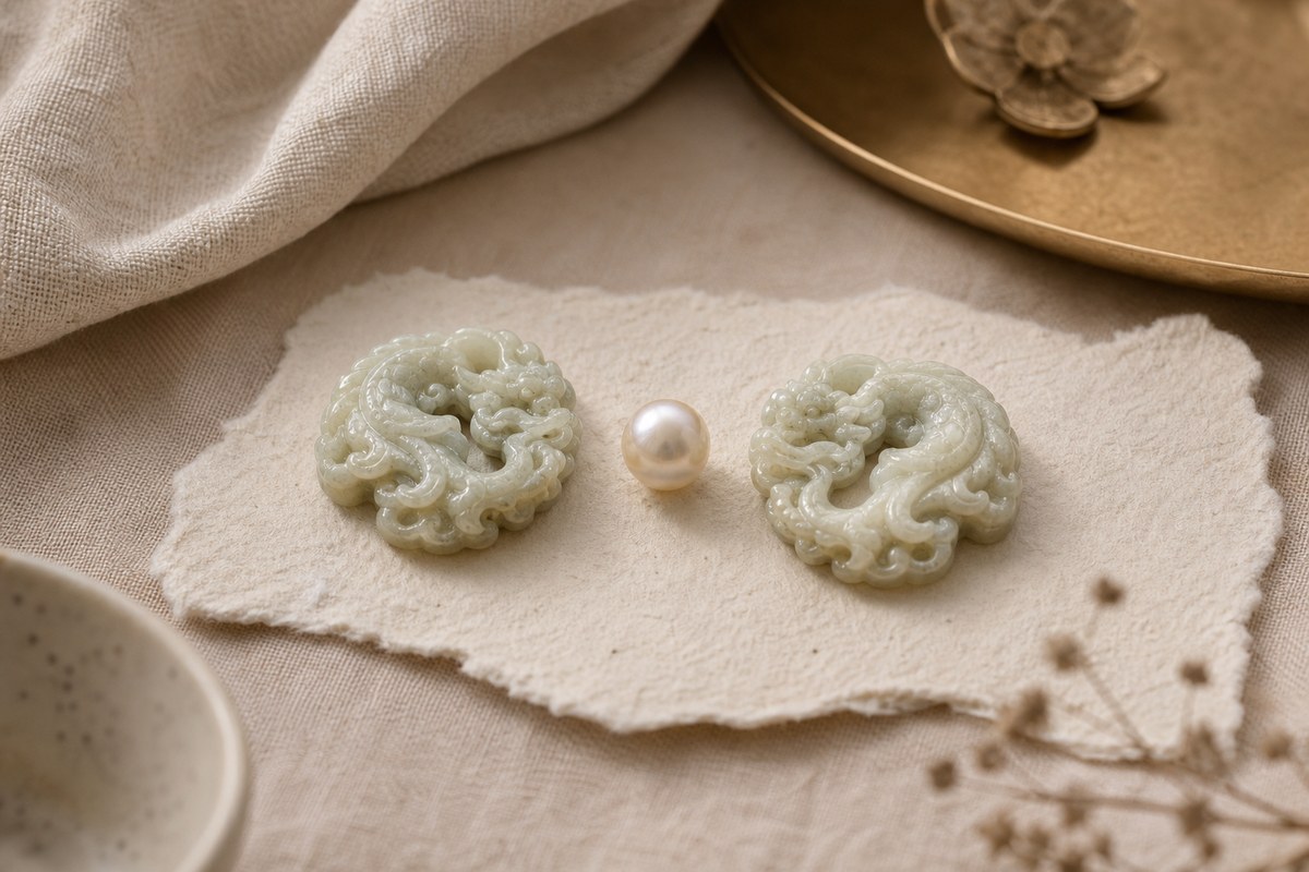 Two small carved loong pendants facing a smooth pearl bead on handmade paper