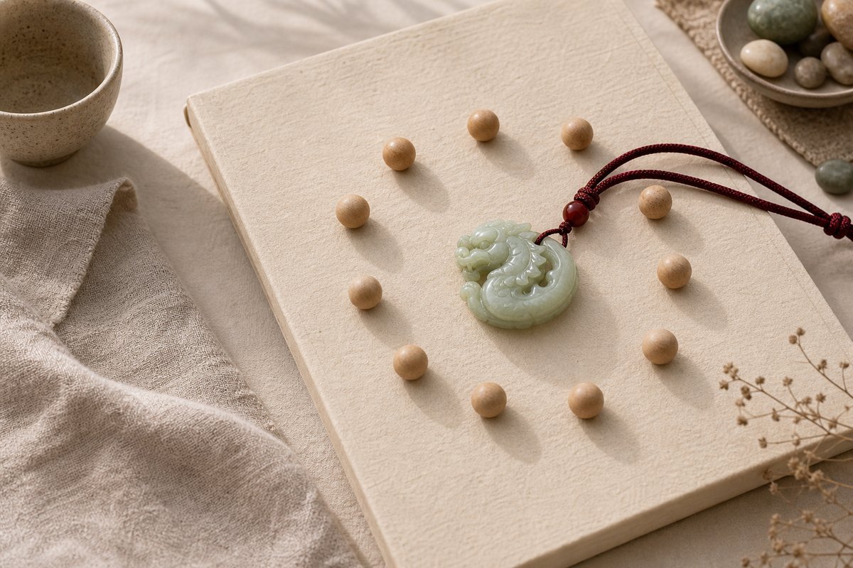 Small jade loong charm with twelve wooden bead markers on ivory linen