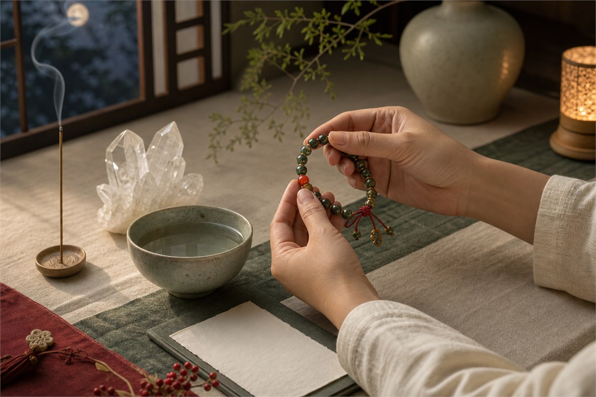 Hands holding a new bracelet near water bowl, crystal cluster, incense, and moonlit window
