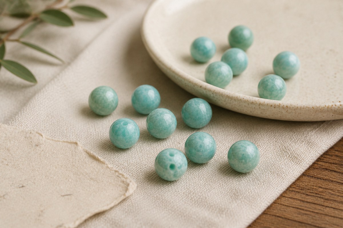 Blue-green amazonite beads with cloudy pale streaks on cream linen
