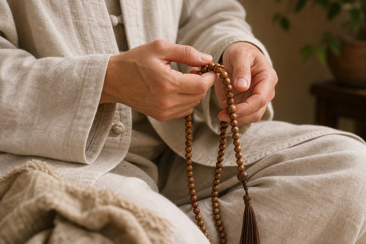 Relaxed hands holding a simple wooden mala in a quiet seated practice