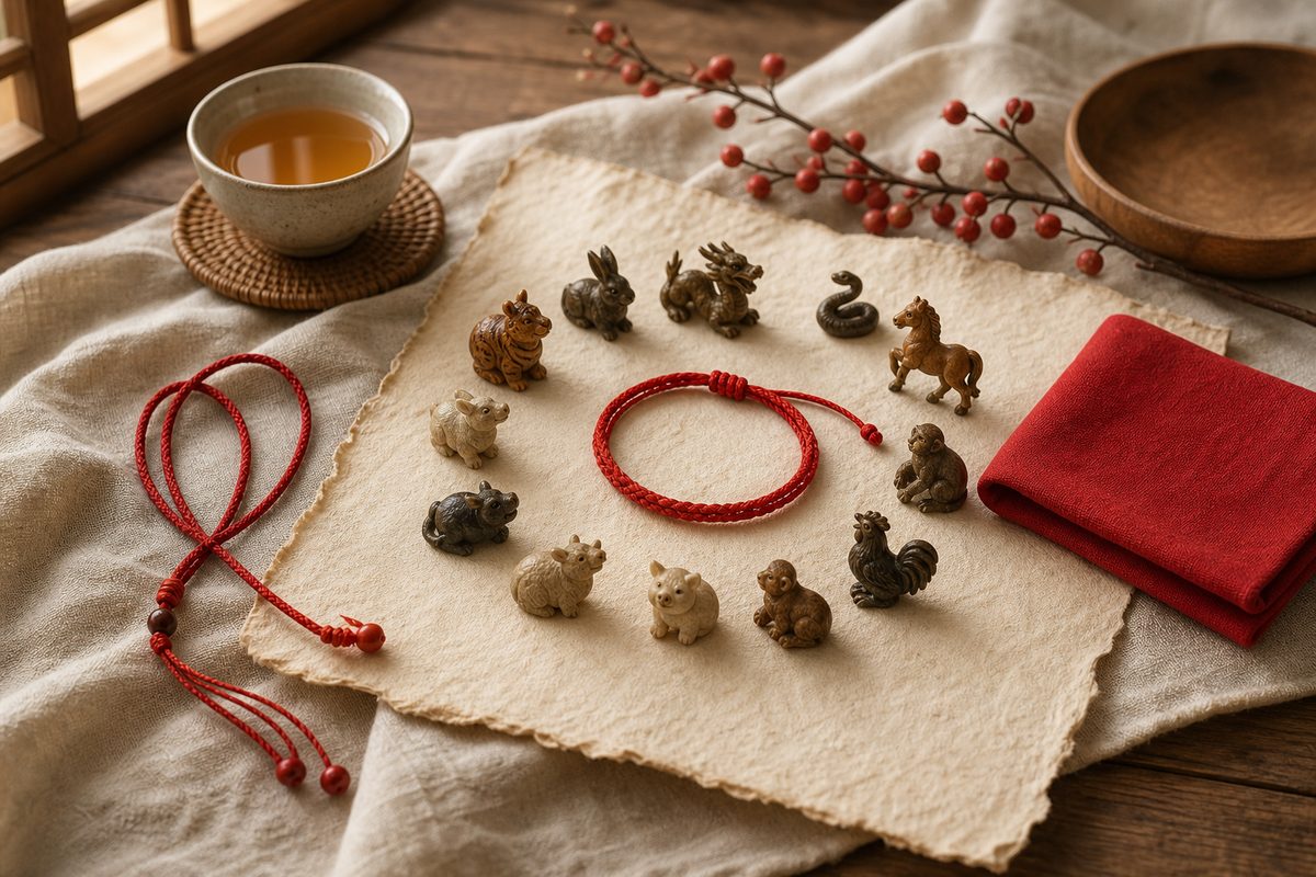 Red cord and small Chinese zodiac animal tokens arranged on warm linen for Benmingnian traditions
