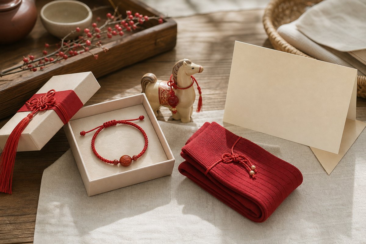 Small gift box with red string bracelet, red socks, zodiac ornament, and blank card on warm wood