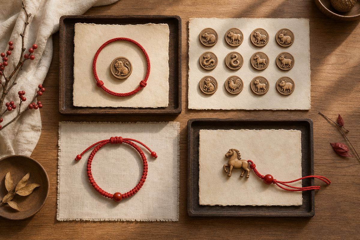 Separate trays with a red cord circle, twelve zodiac tokens, red string bracelet, and horse token for page boundaries