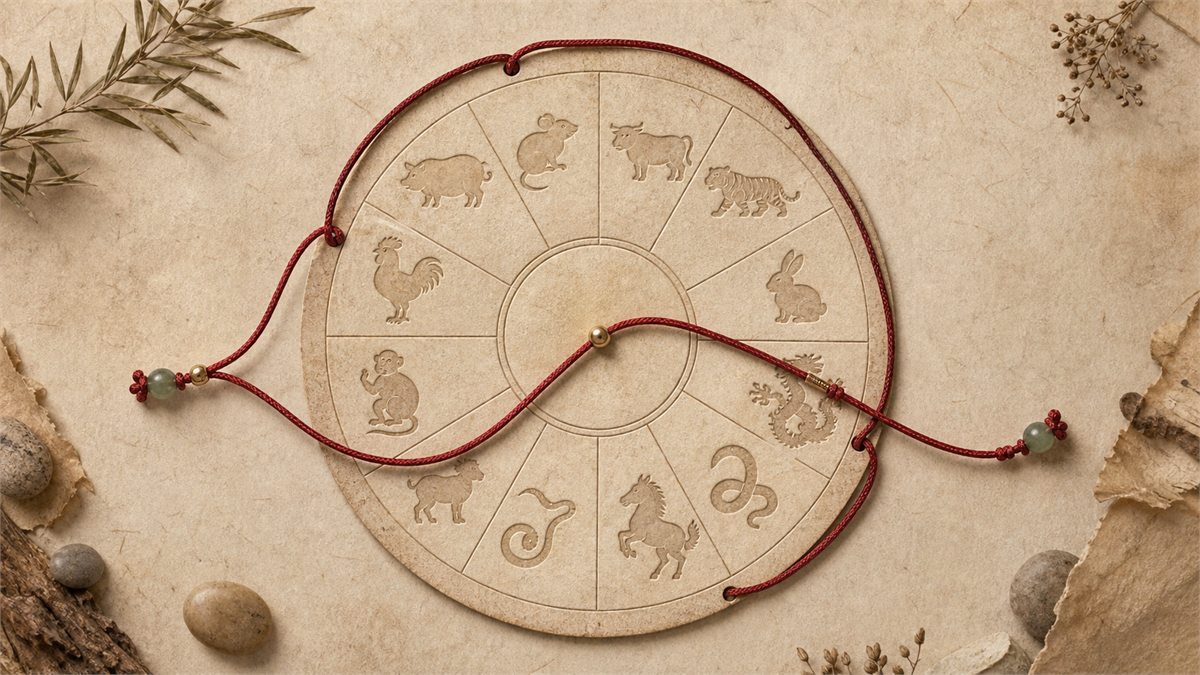 Red cord crossing a twelve-part Chinese zodiac cycle on textured parchment
