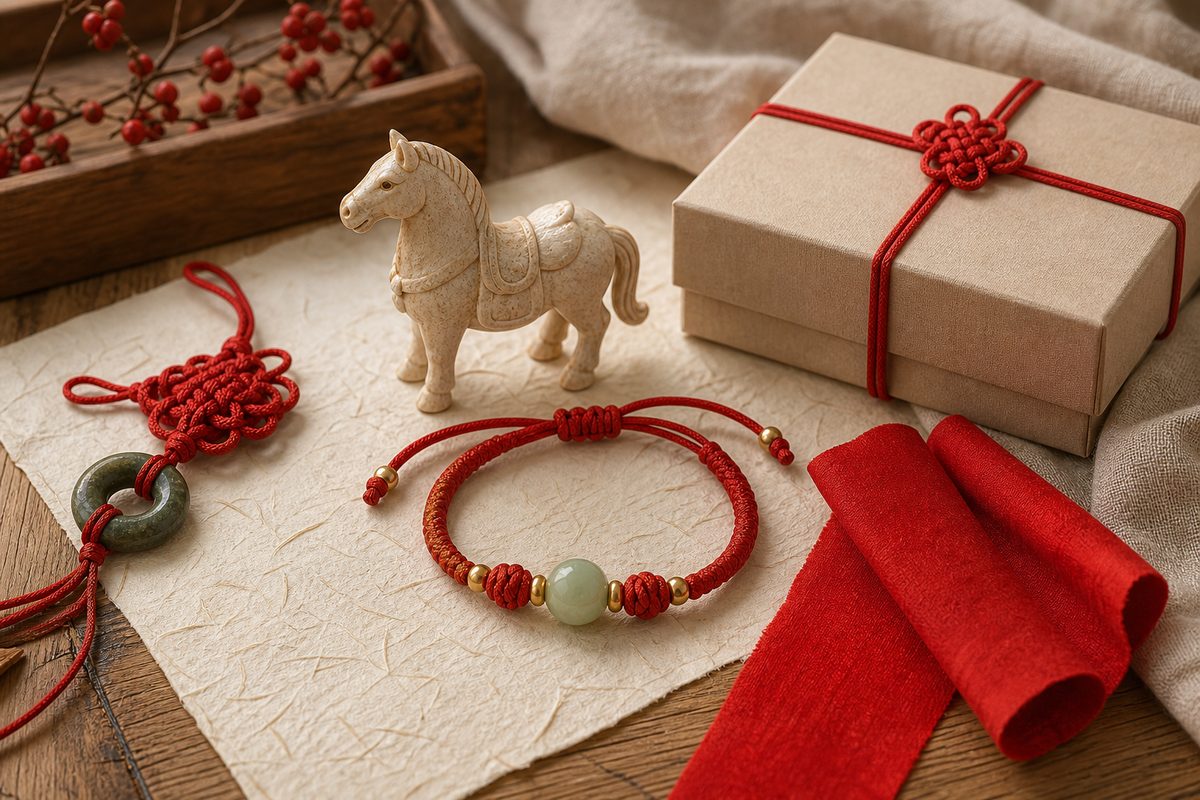 Red cord bracelet, plain red cloth, horse zodiac figurine, jade bead, and blank gift box
