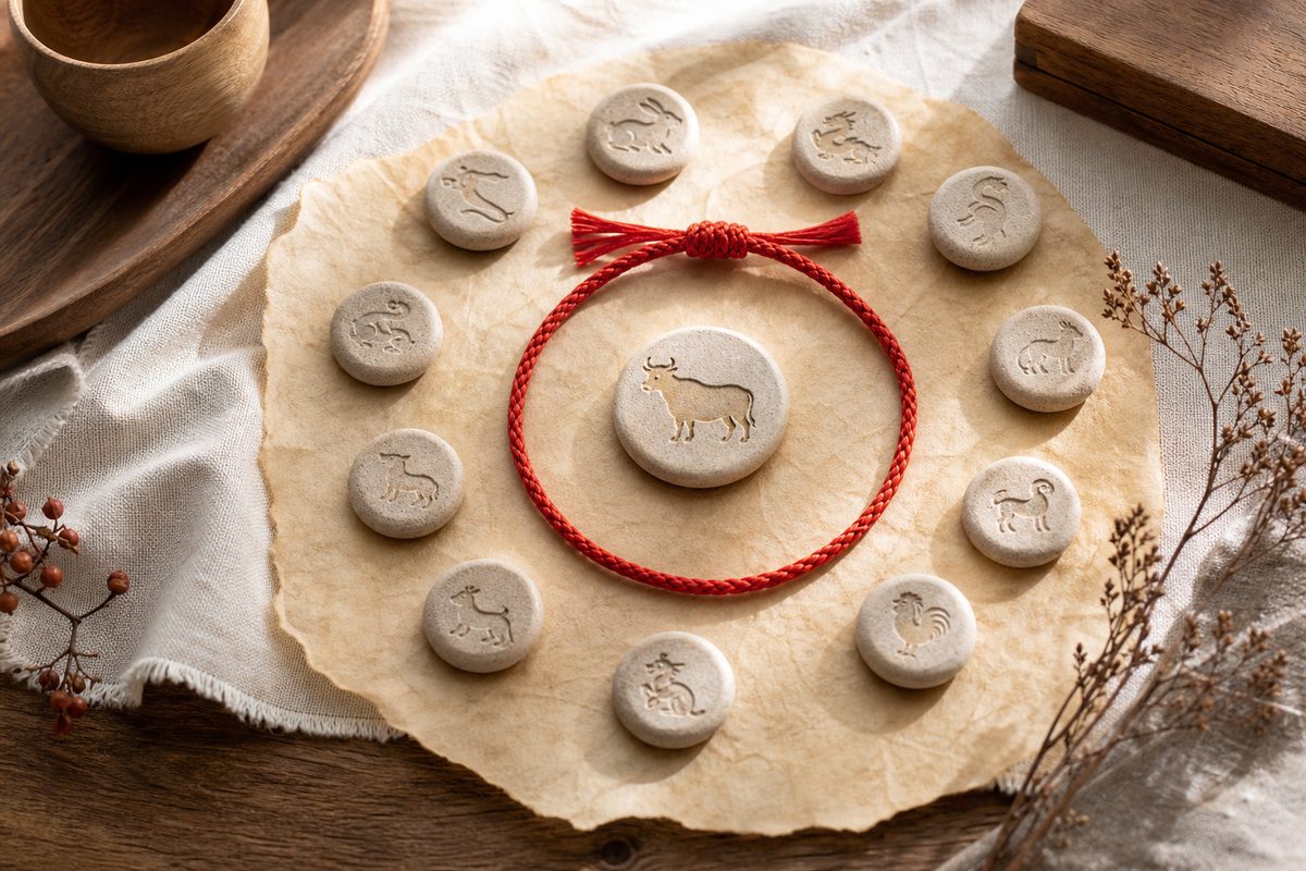 Red cord circle and neutral stone tokens on parchment representing Benmingnian and Tai Sui relationships