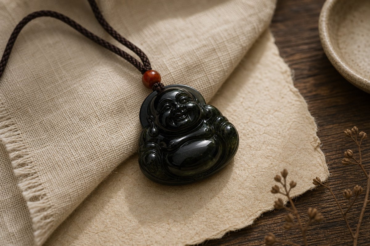 Dark jade Buddha pendant on warm wood and cream linen with carved details visible