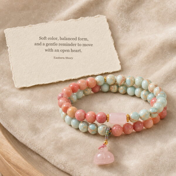 Blush Harmony Double-Wrap Stone Bracelet - Meaning Card Blush Harmony Double-Wrap Stone Bracelet, product on premium textile with a meaning card