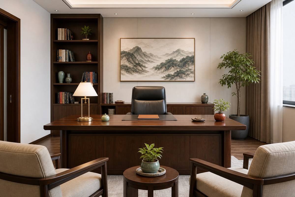 Leadership office with wood desk, supportive cabinet wall behind the chair, open visitor side, plant, and soft landscape art