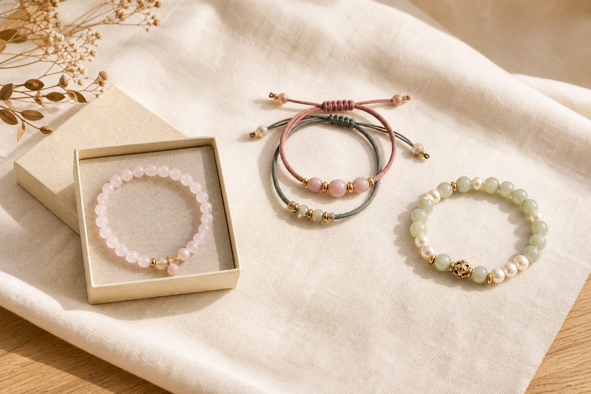 Three distinct bracelet gift styles arranged on warm ivory fabric