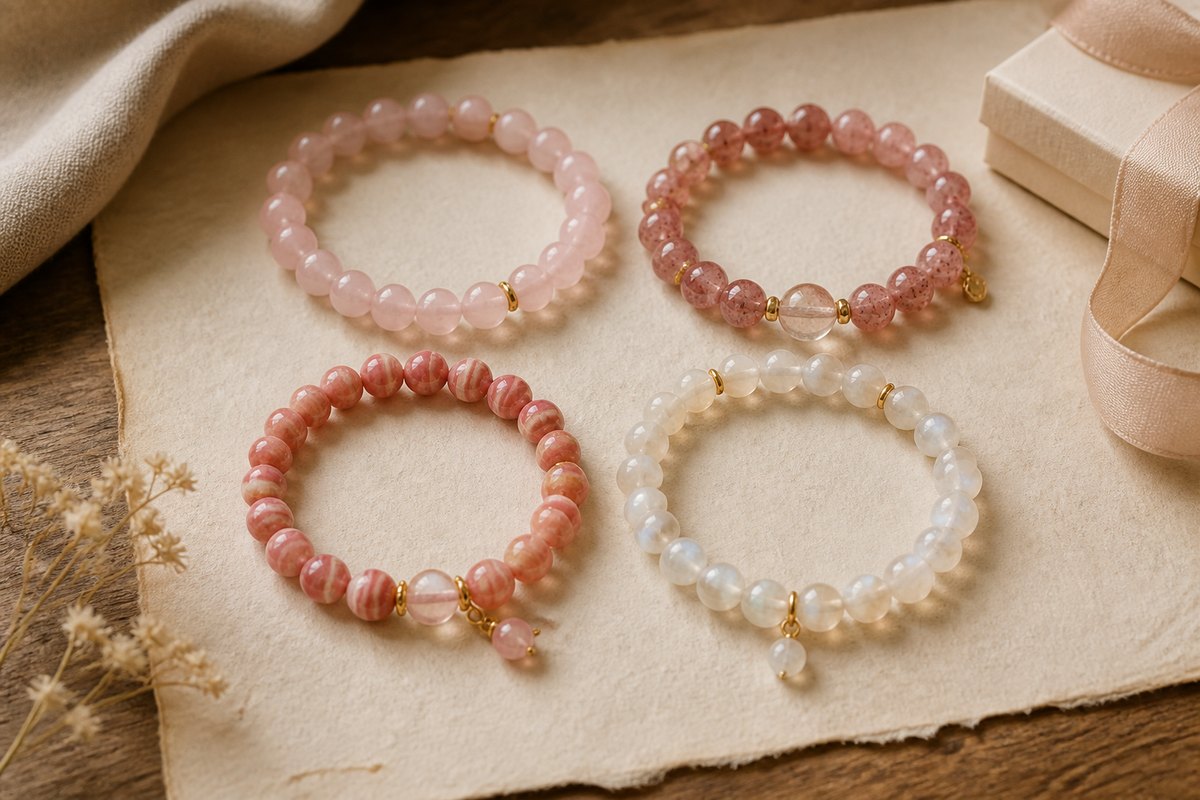 Rose quartz, strawberry quartz, rhodochrosite, and moonstone bracelets arranged on warm parchment