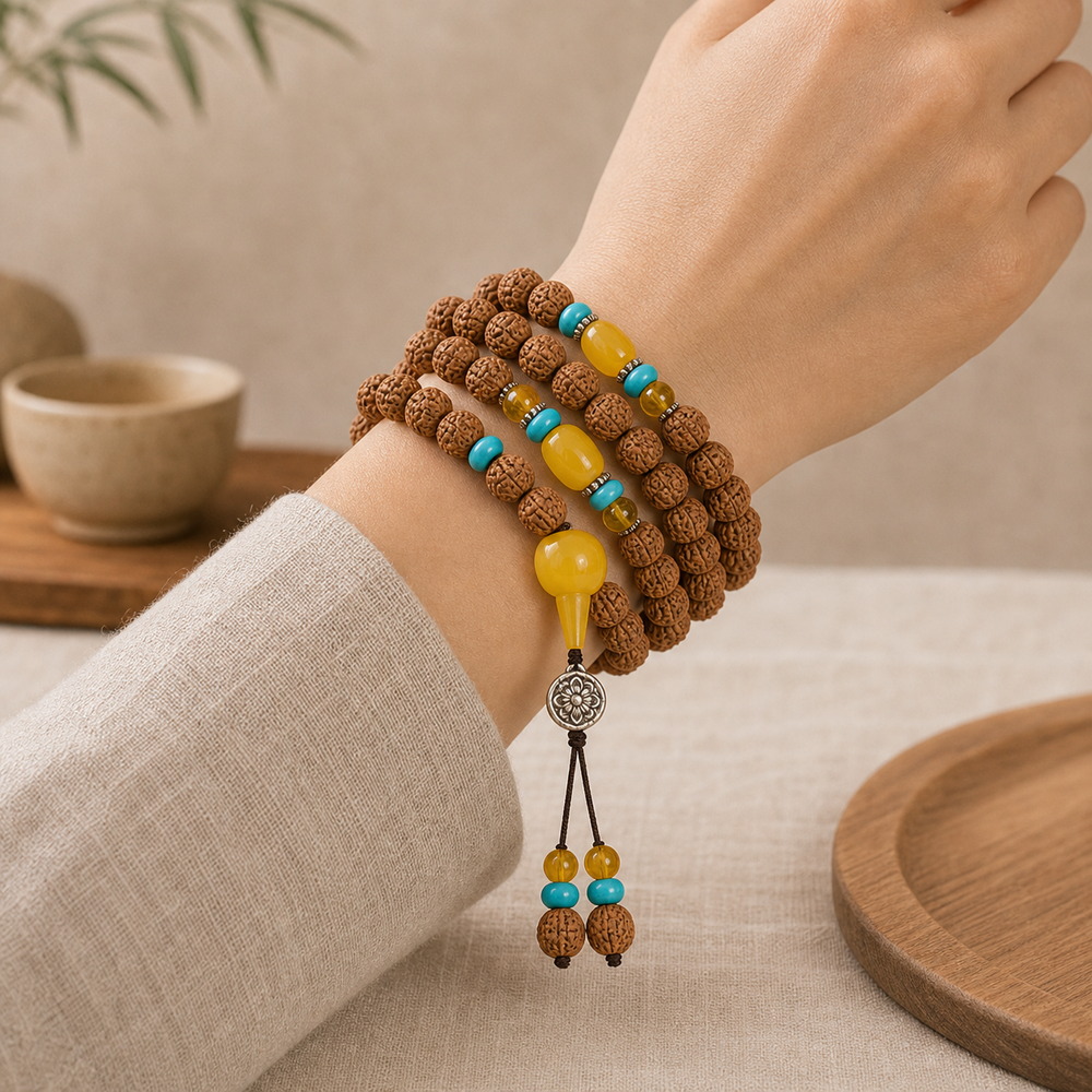 Bright Horizon 108-Bead Bodhi Seed Mala, faceless multi-wrap wrist view