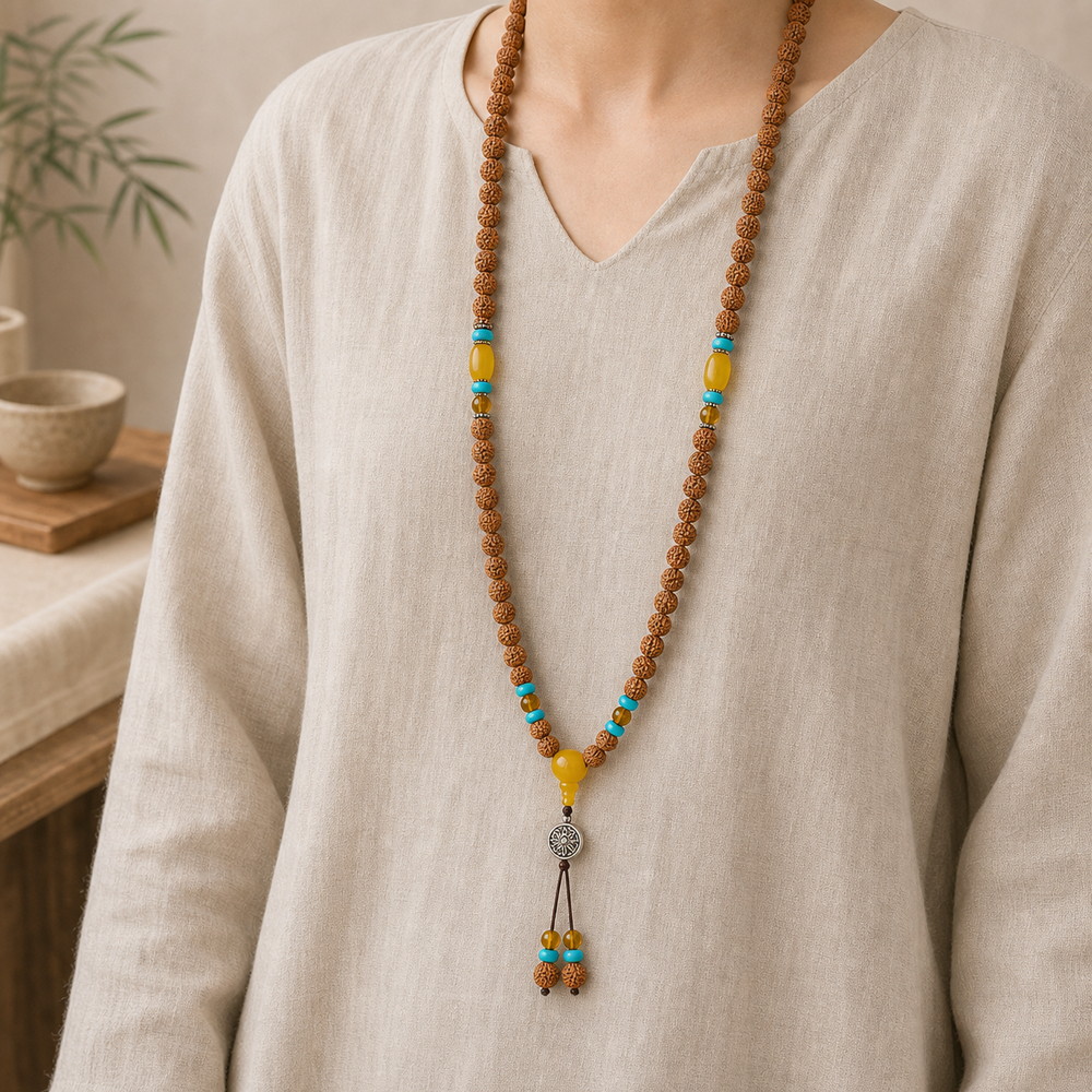 Bright Horizon 108-Bead Bodhi Seed Mala, faceless long-necklace view from collarbone to waist