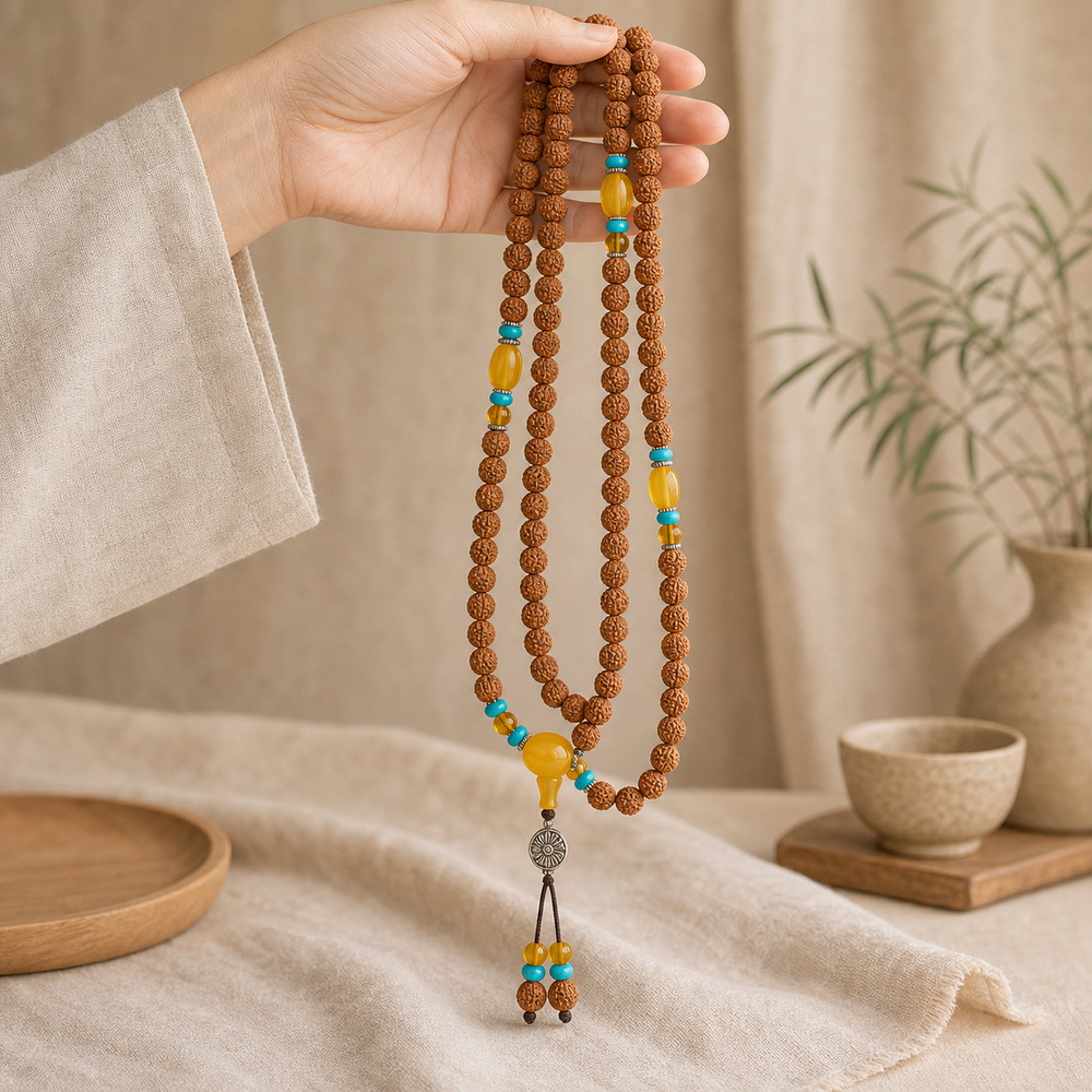 Bright Horizon 108-Bead Bodhi Seed Mala, mala draped naturally from one hand
