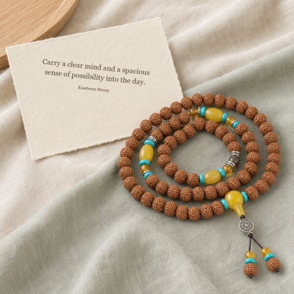 Bright Horizon 108-Bead Bodhi Seed Mala - Meaning Card Bright Horizon 108-Bead Bodhi Seed Mala, mala on premium textile with a meaning card