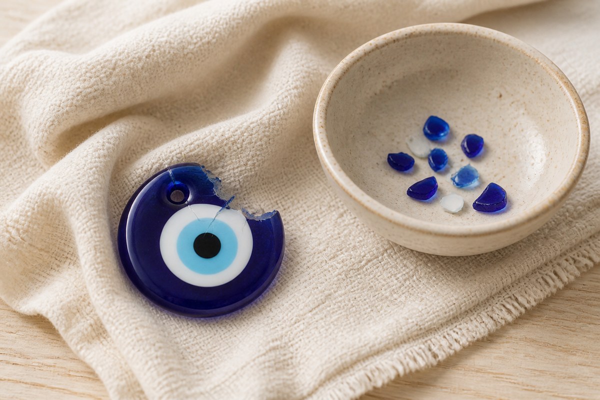 Cracked blue and white Nazar bead resting safely on warm linen with a ceramic dish