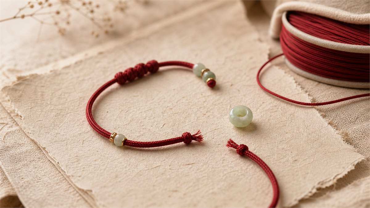 Broken red bracelet cord resting on handmade paper with its jade bead kept safely beside it