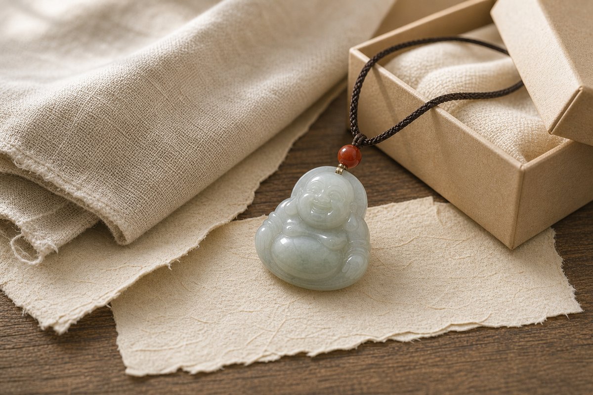 Jade Buddha pendant with a simple cord beside a neutral gift box and soft cloth
