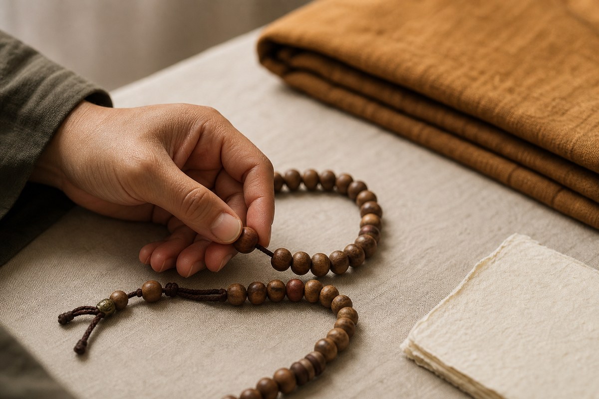 A hand returning to a wooden mala bead beside a softly lit meditation cloth