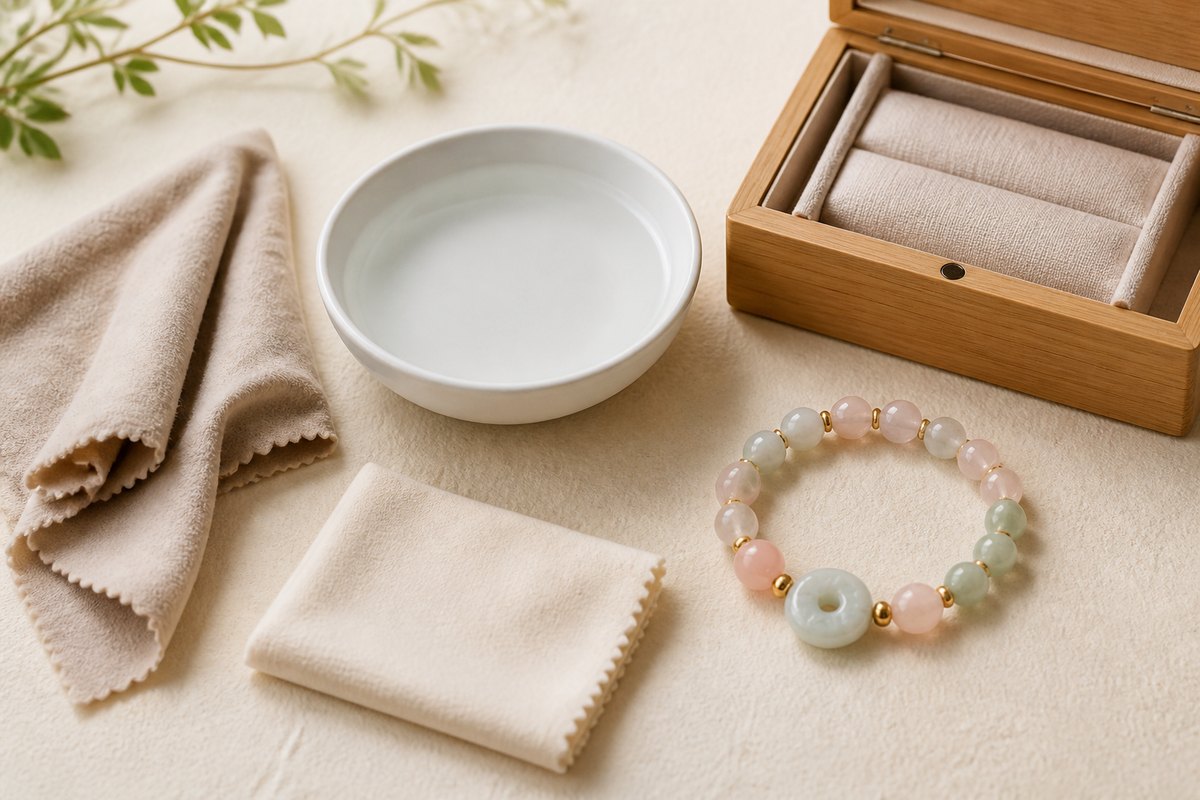 Soft cloth, clear water bowl, storage box, and gemstone bracelet arranged on a clean tabletop