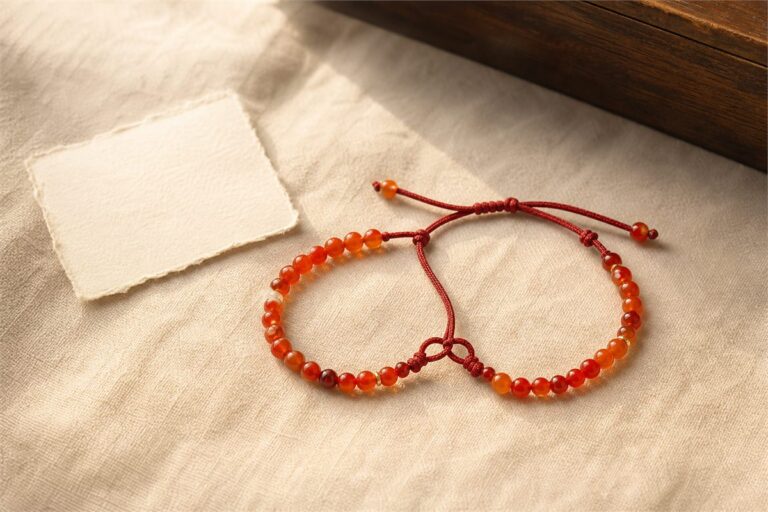 Warm orange-red carnelian bracelet beside two linked red cords on ivory linen