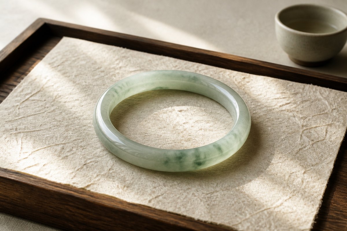 Round pale jade bangle resting on handmade paper and a wooden tray