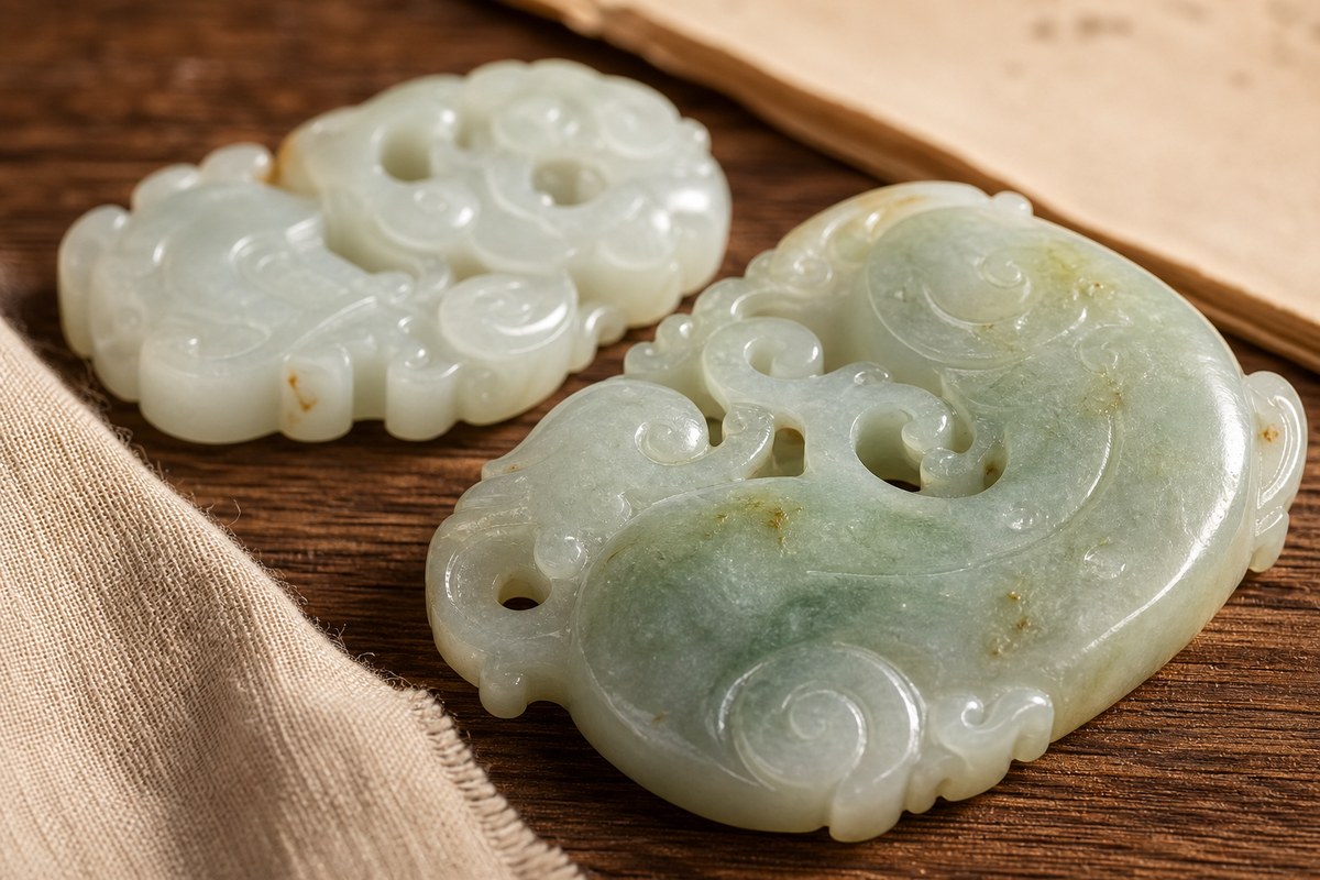 Close-up of pale green jade carving with relief detail, smooth polish, and natural mineral variation