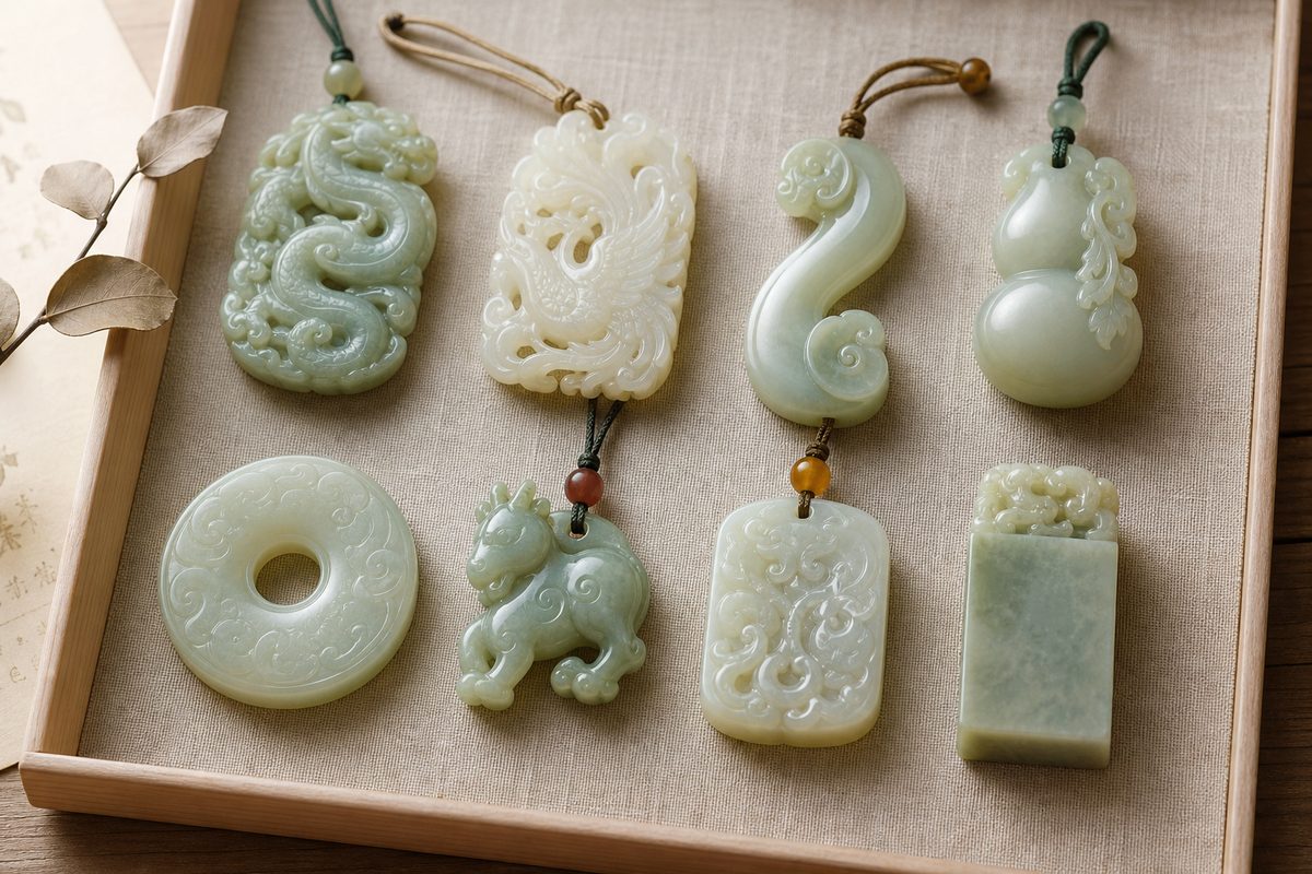 Neatly arranged jade pendants suggesting dragon, phoenix, Ruyi, gourd, peace buckle, zodiac, and seal motifs