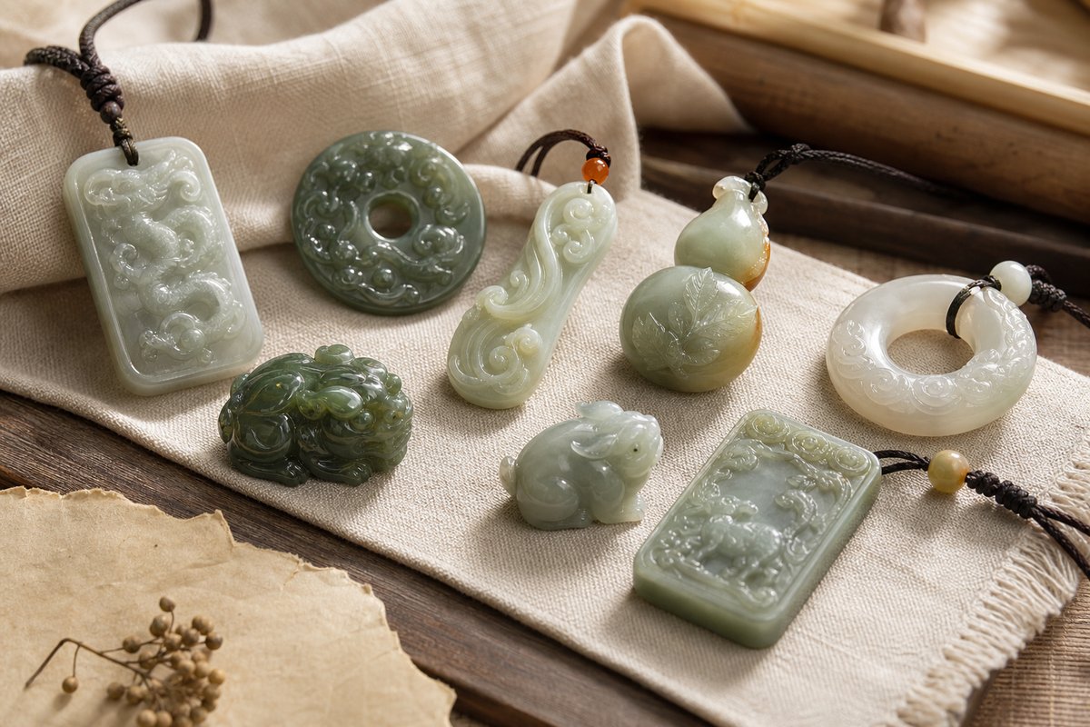 Assorted Chinese jade carving pendants on warm linen showing dragon, Ruyi, gourd, peace buckle, and animal motifs