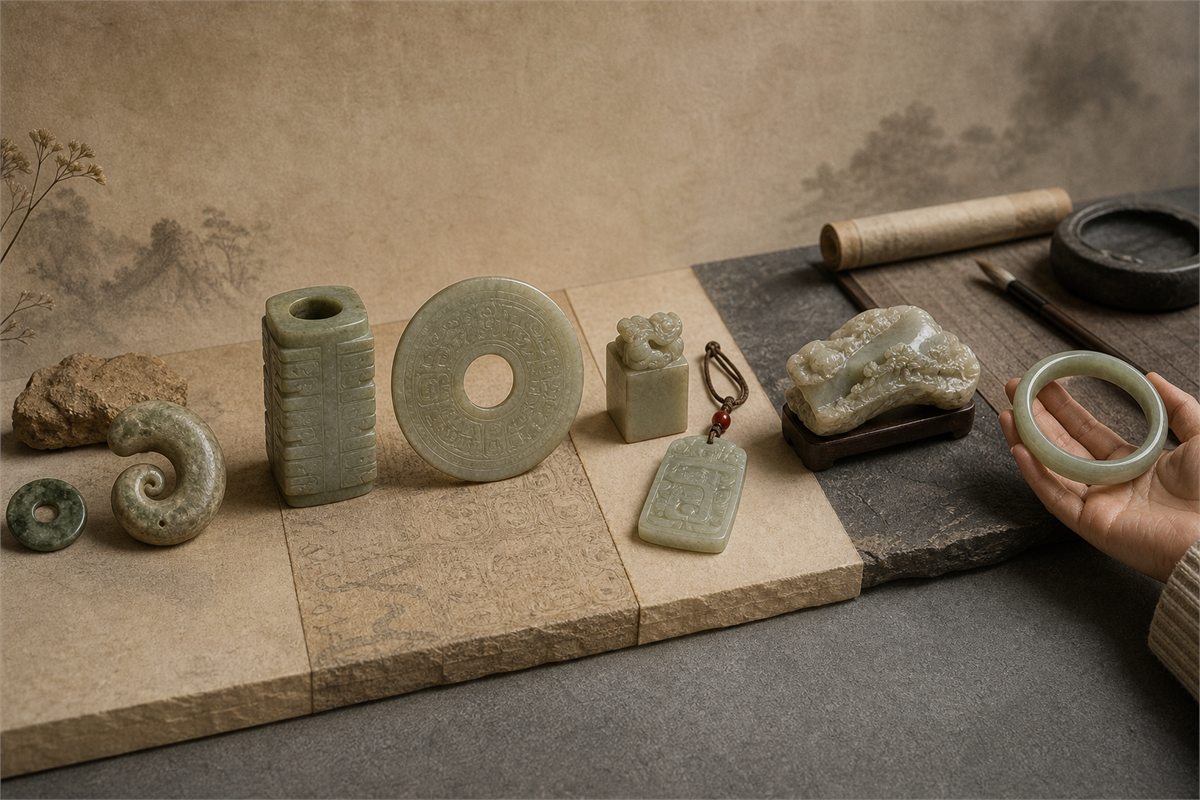 Museum-style chronological arrangement of Neolithic jade, ritual bi and cong, imperial seal, and modern bangle