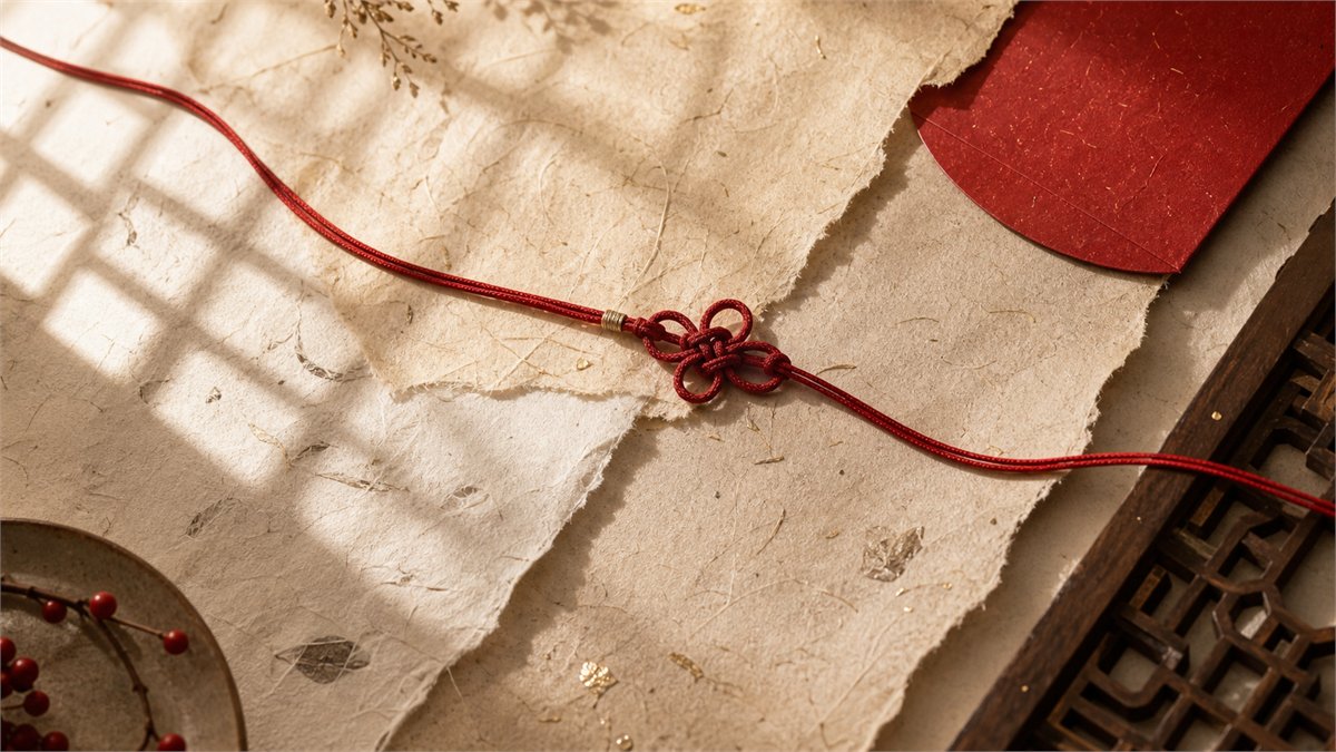 Red cord crossing layered handmade paper with subtle Chinese window shadows and festive red details