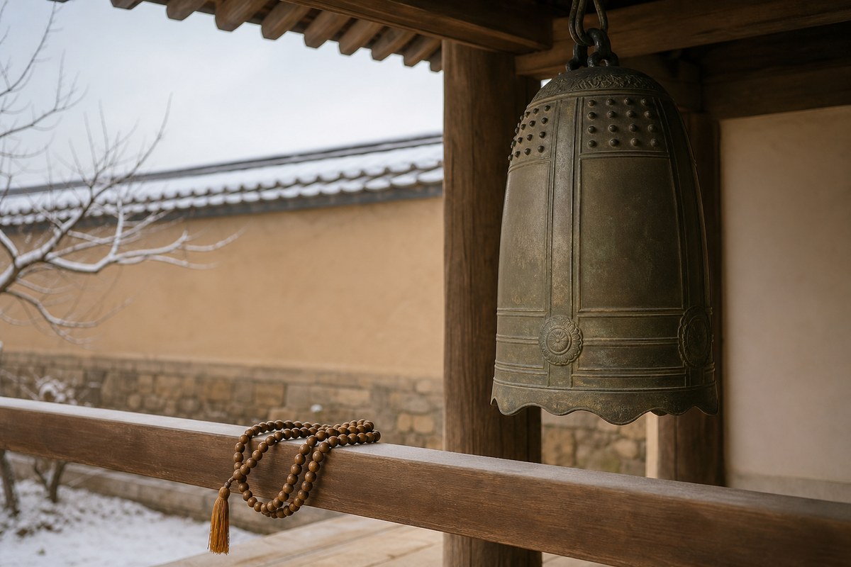 A traditional bronze temple bell and a wooden mala in a quiet courtyard at year’s turn