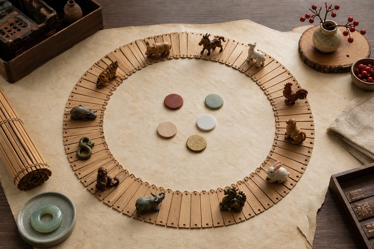 Sixty blank paper tokens arranged in a circle with zodiac miniatures and material samples