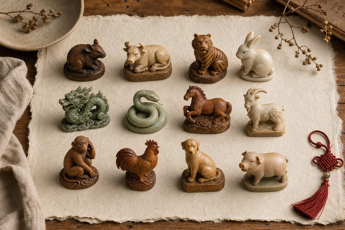 Twelve Chinese zodiac animal figurines arranged on warm paper with wood and jade accents