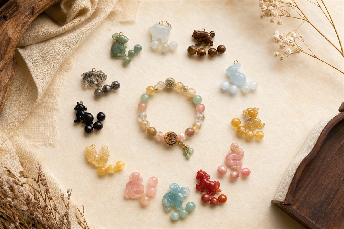 Text-free Chinese zodiac bracelet arrangement with twelve animal charms and matching lucky stones