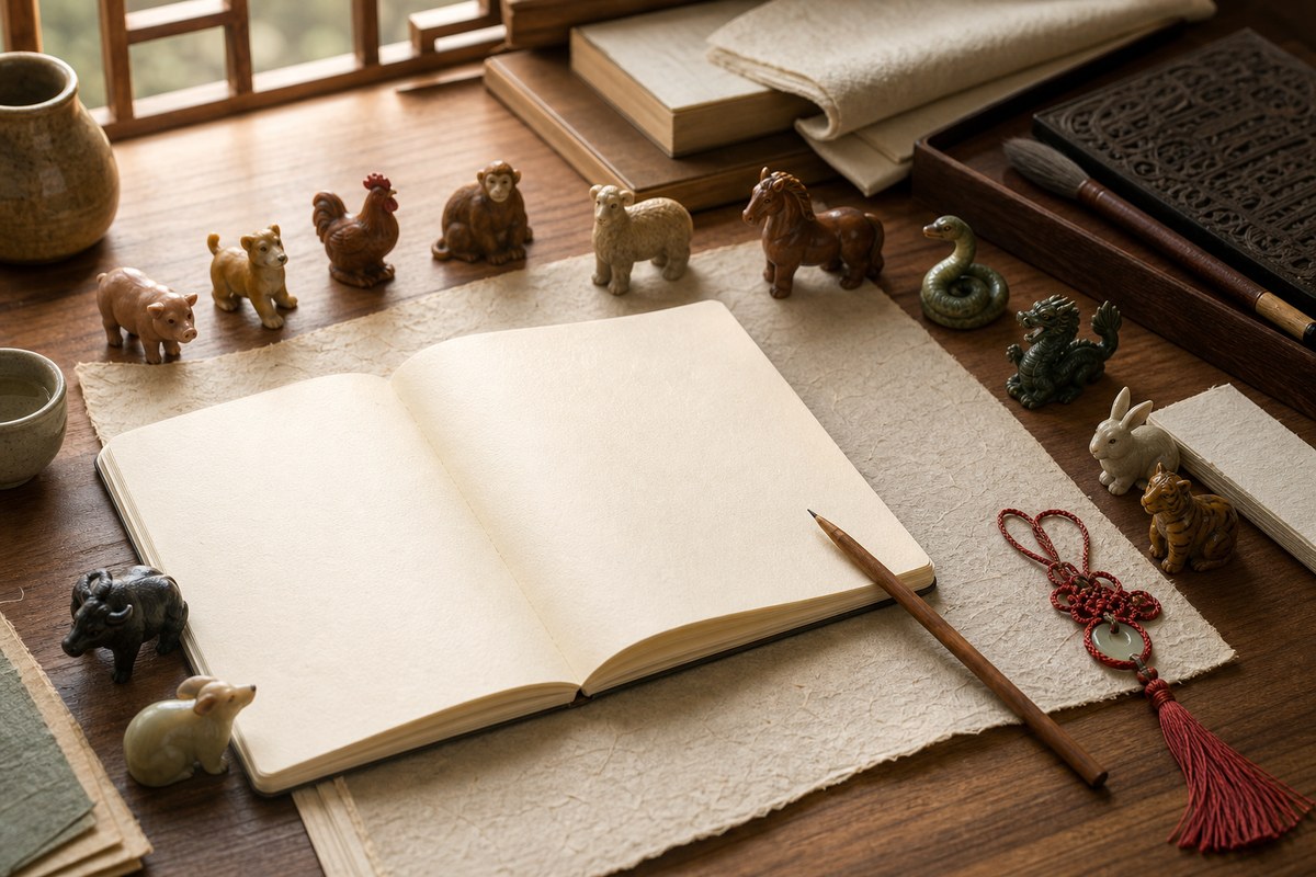 Zodiac animal miniatures beside blank notebook pages, pencil, red cord, and jade bead
