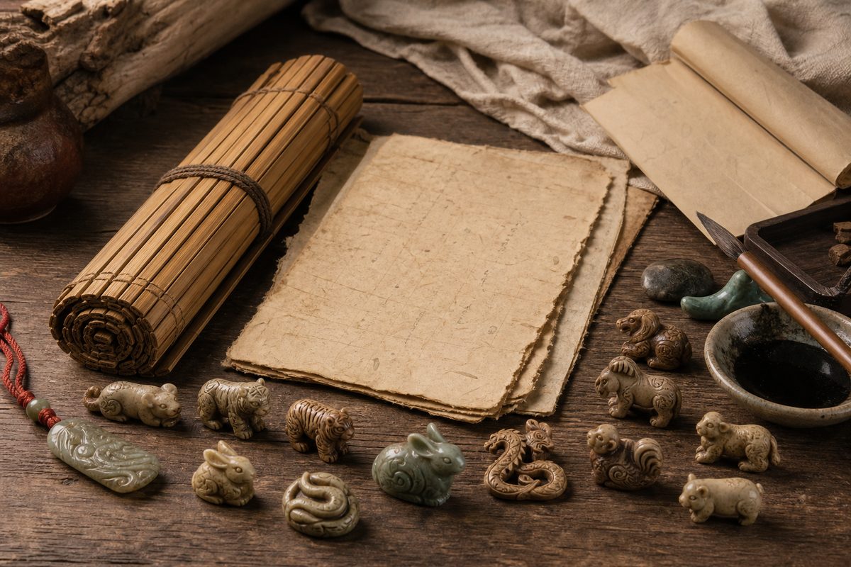 Bamboo slips, blank aged paper, brush, and small animal tokens on a warm scholar desk