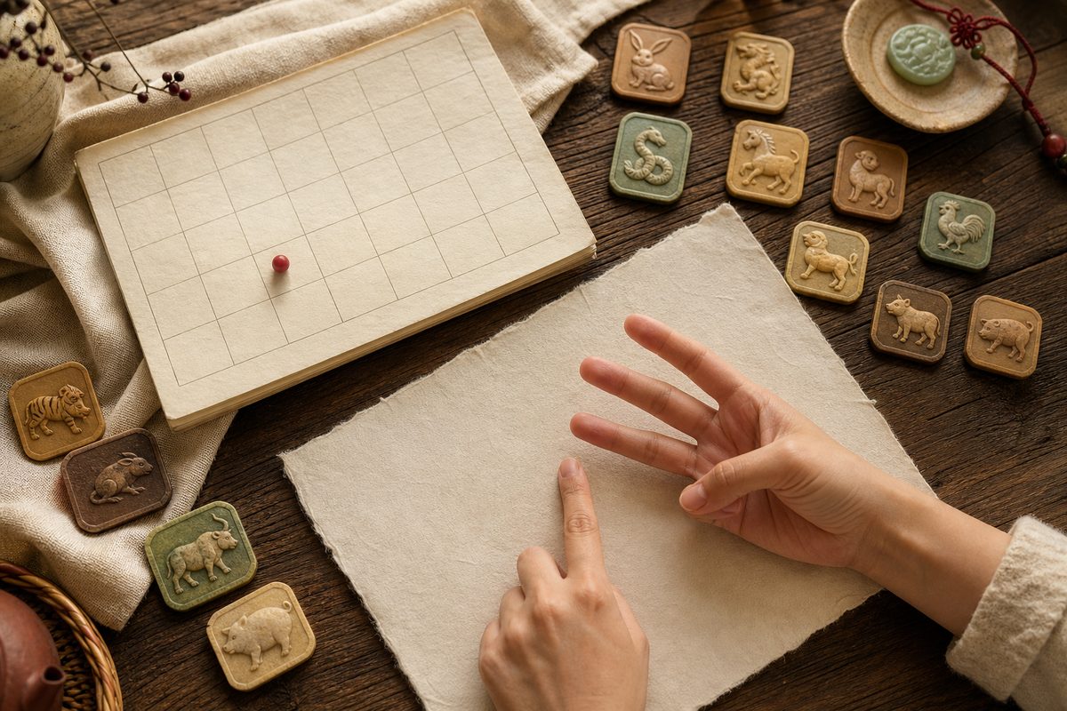 Hand counting beside blank calendar paper, zodiac tokens, and a red bead marker