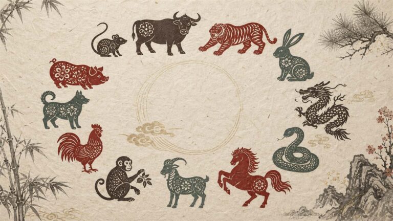 Twelve Chinese zodiac animals arranged in a refined circular paper-cut inspired composition