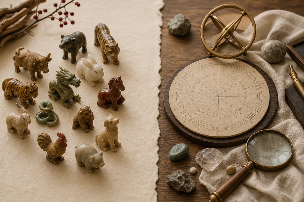 Chinese zodiac animal figurines beside abstract western astrology objects on warm paper
