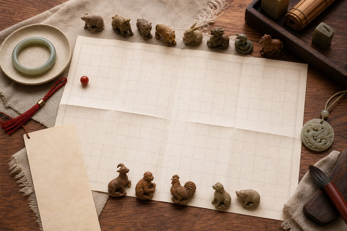 Blank year-planning sheet with red marker and zodiac tokens on warm paper