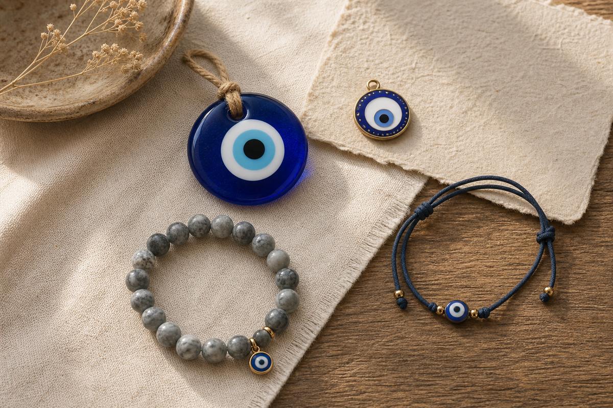 Glass Nazar bead, metal evil eye charm, cord bracelet, and stone bead bracelet arranged separately