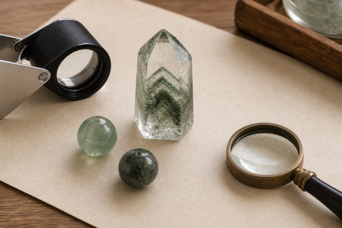 Green phantom quartz bracelets and pendant arranged on warm linen with a neutral pouch