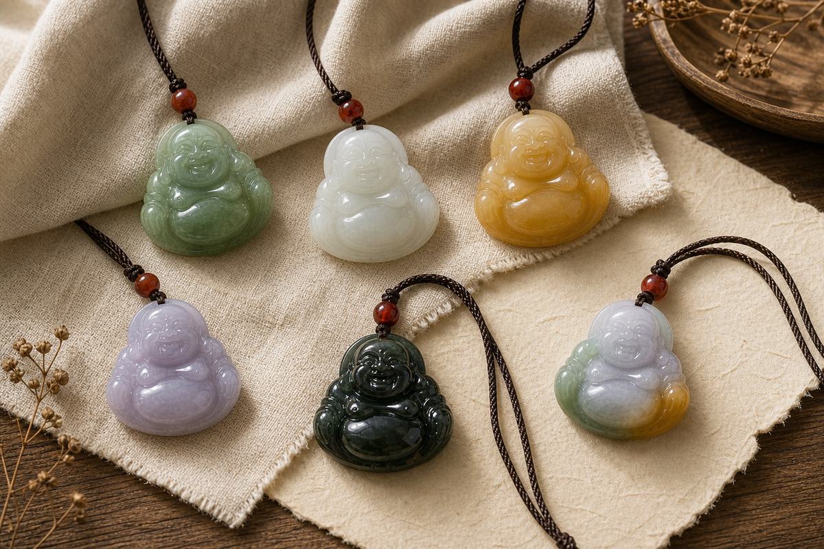 Several green, white, honey yellow, lavender, dark, and mixed-color jade Buddha pendants on neutral linen