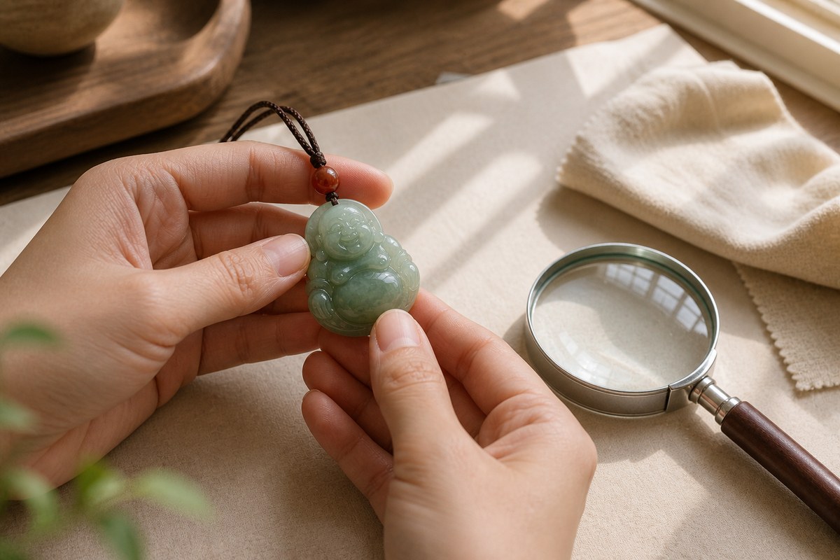 Hand holding a jade Buddha pendant near a magnifying glass in soft natural light