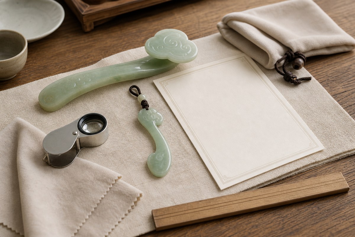 Jade Ruyi pendant, ornament, magnifying loupe, soft cloth, and blank certificate-style paper